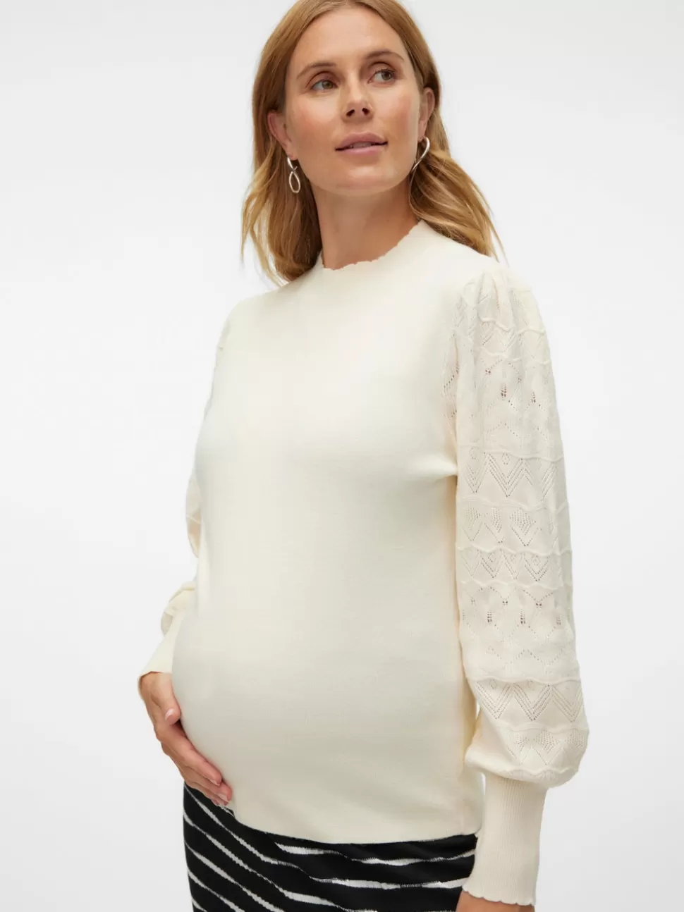 Stickat | Stickat^VERO MODA Normal Passform Hög Hals Ballongärmar Pullover Birch