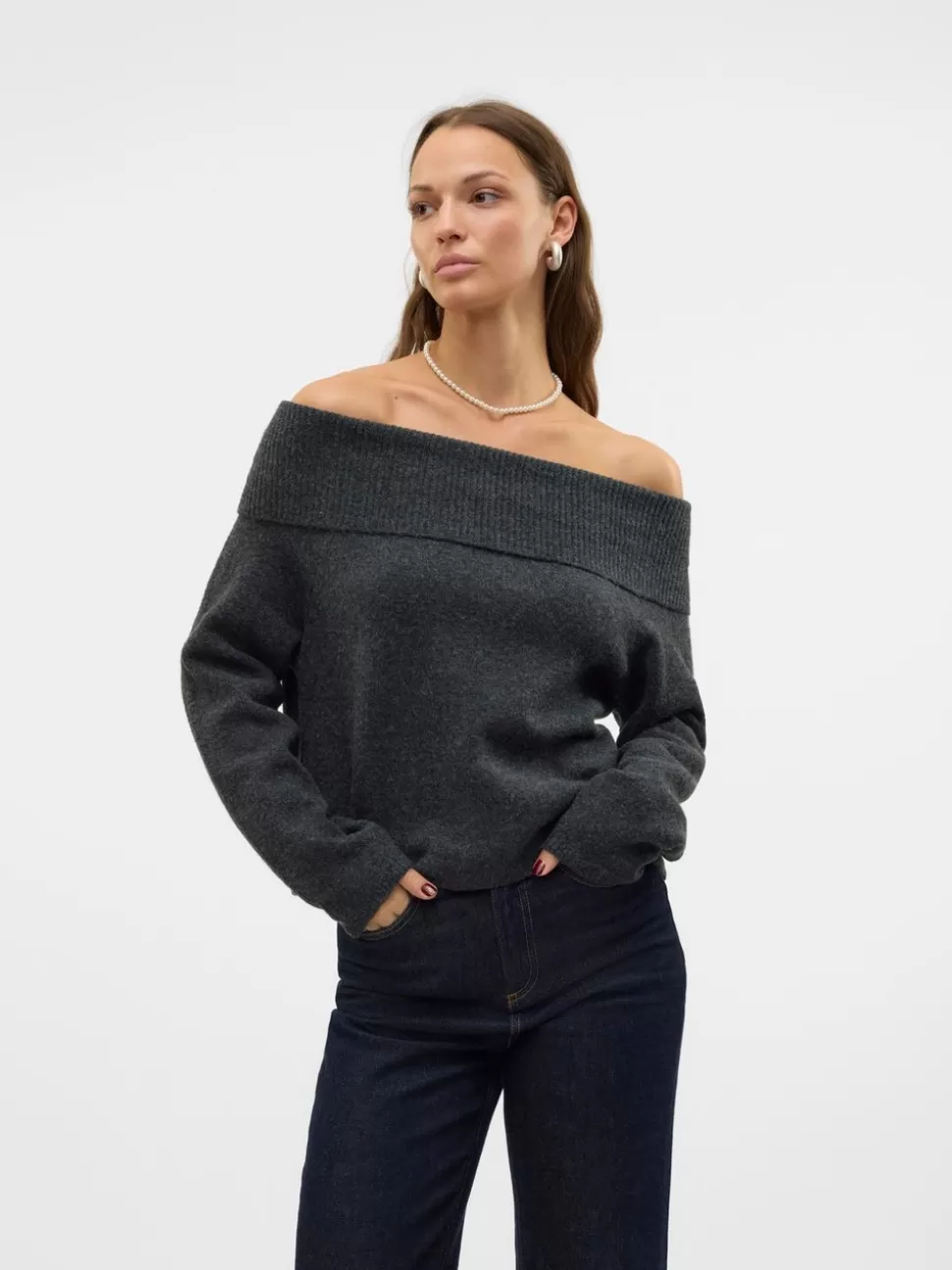 Stickat^VERO MODA VMBOOM Pullover Dark Grey Melange