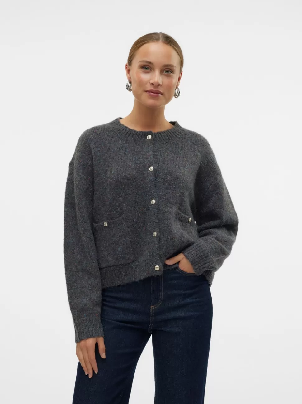Stickat^VERO MODA VMCONTIGO Stickad Kofta Dark Grey Melange