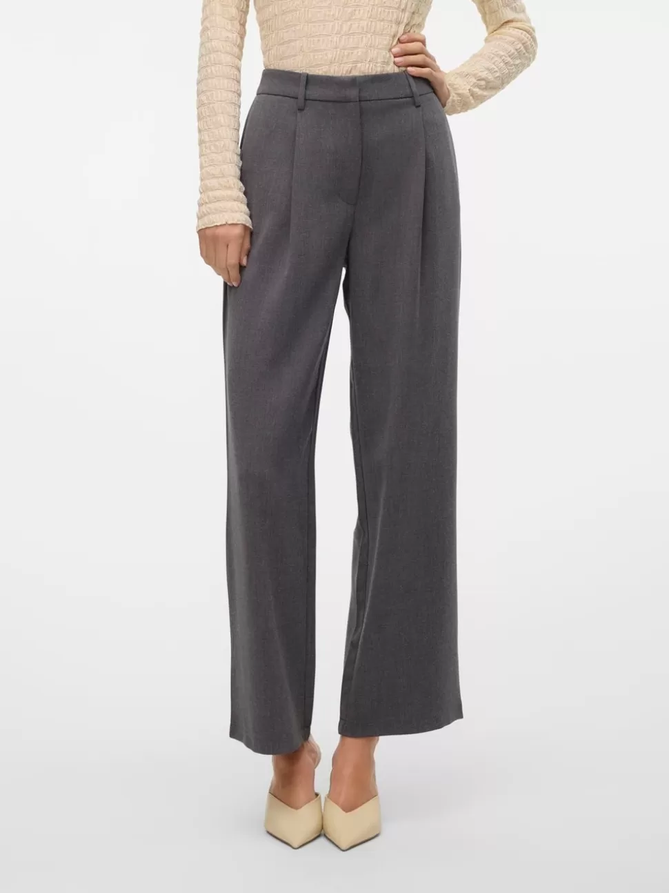 Byxor^VERO MODA VMDINA Hög Midja Byxor Dark Grey Melange