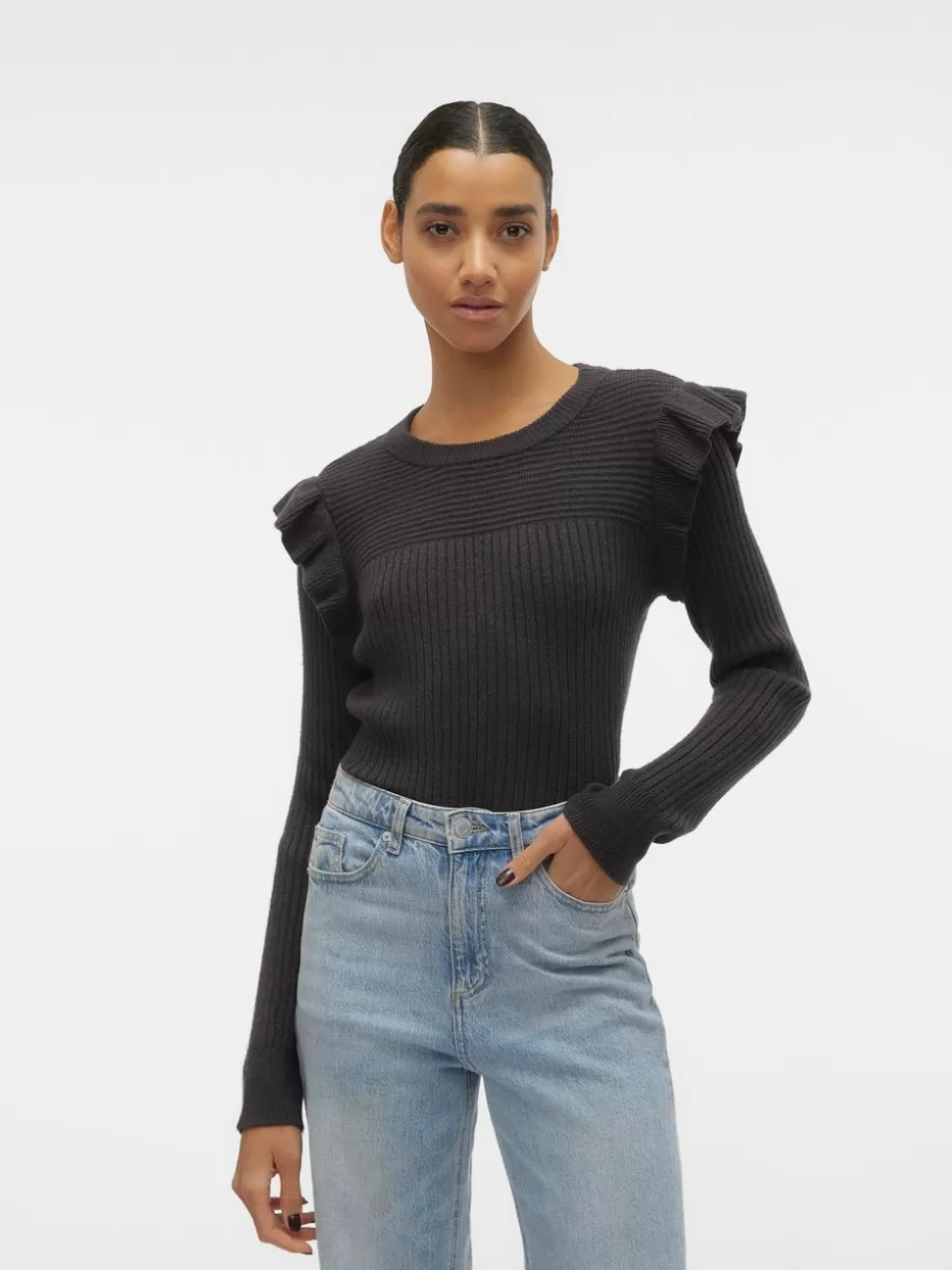 Stickat^VERO MODA VMEMILIA Pullover Dark Grey Melange