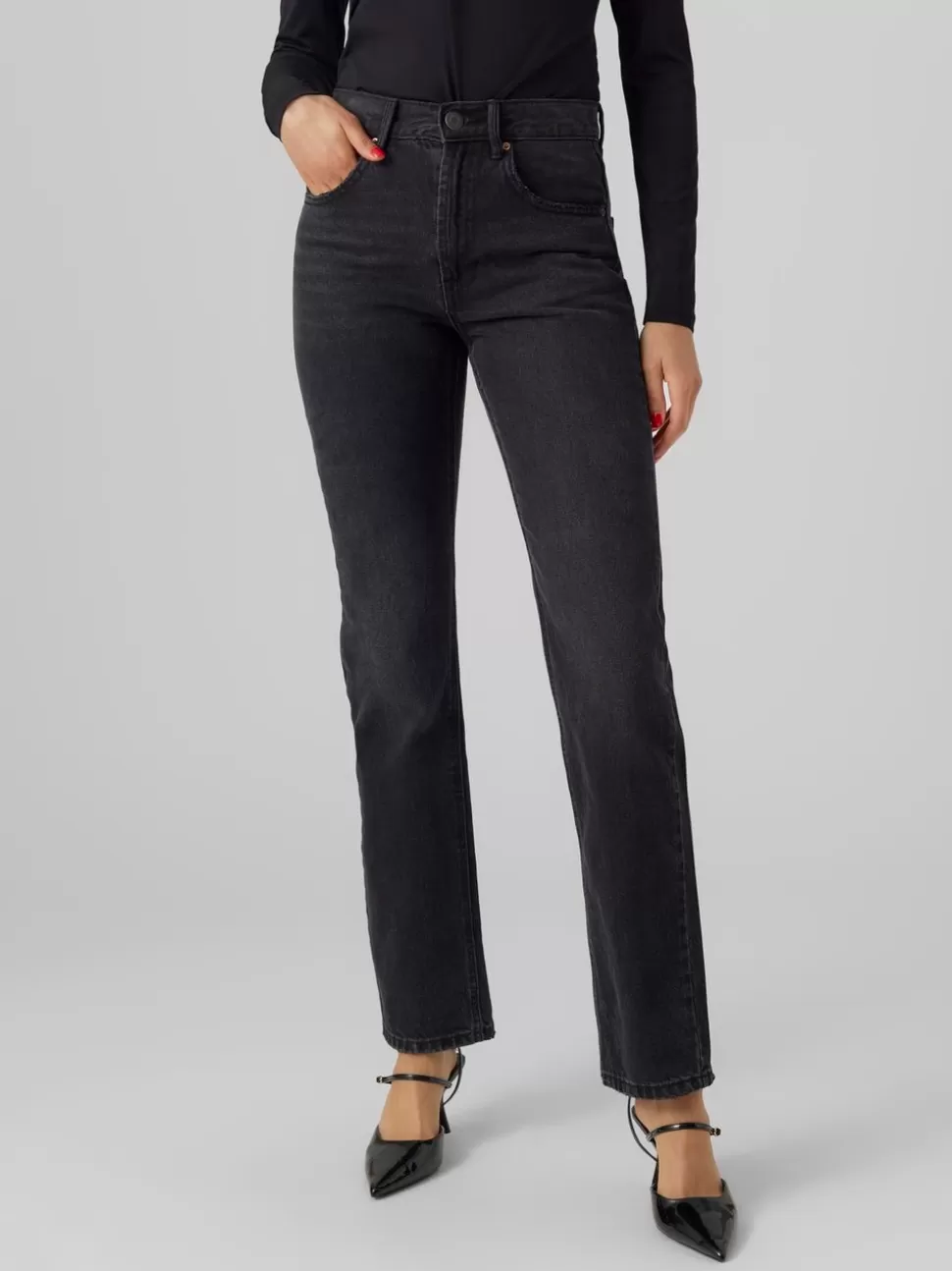 Jeans | Basics^VERO MODA VMHAILEY Hög Midja Rak Passform Jeans Black Denim