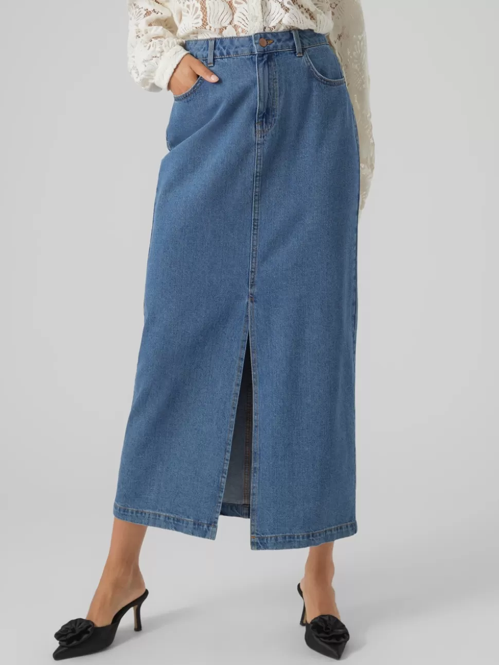Kjolar^VERO MODA VMJUST Hög Midja Lång Kjol Medium Blue Denim