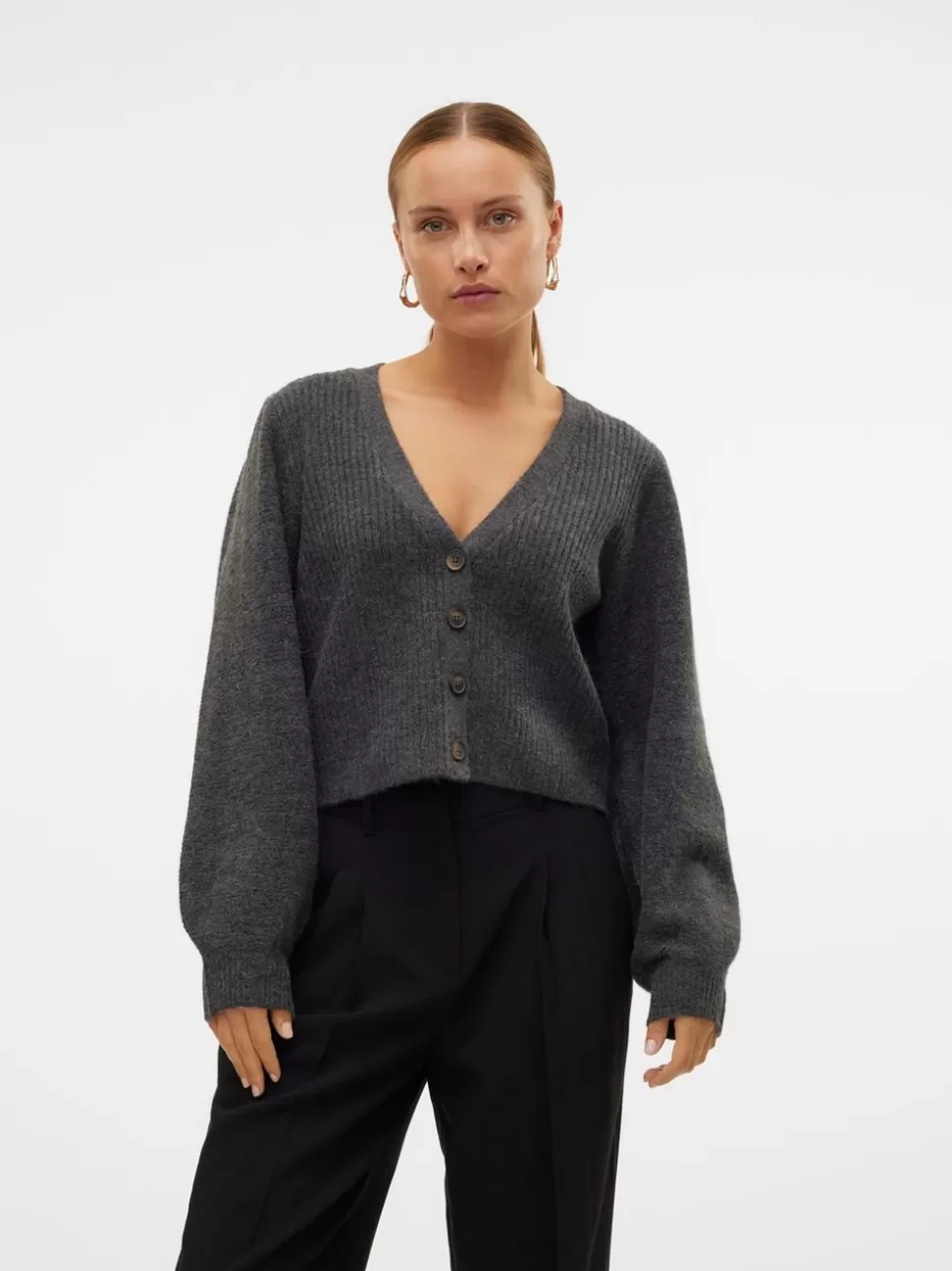 Stickat^VERO MODA VMMAY Stickad Kofta Dark Grey Melange