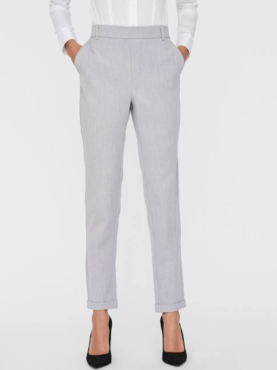 Byxor | Basics^VERO MODA VMMAYA Medelhög Midja Byxor Light Grey Melange