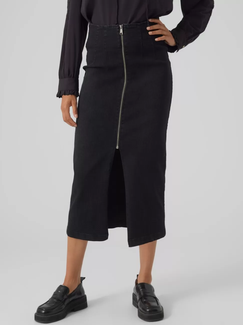 Kjolar^VERO MODA VMMONIC Hög Midja Lång Kjol Black Denim