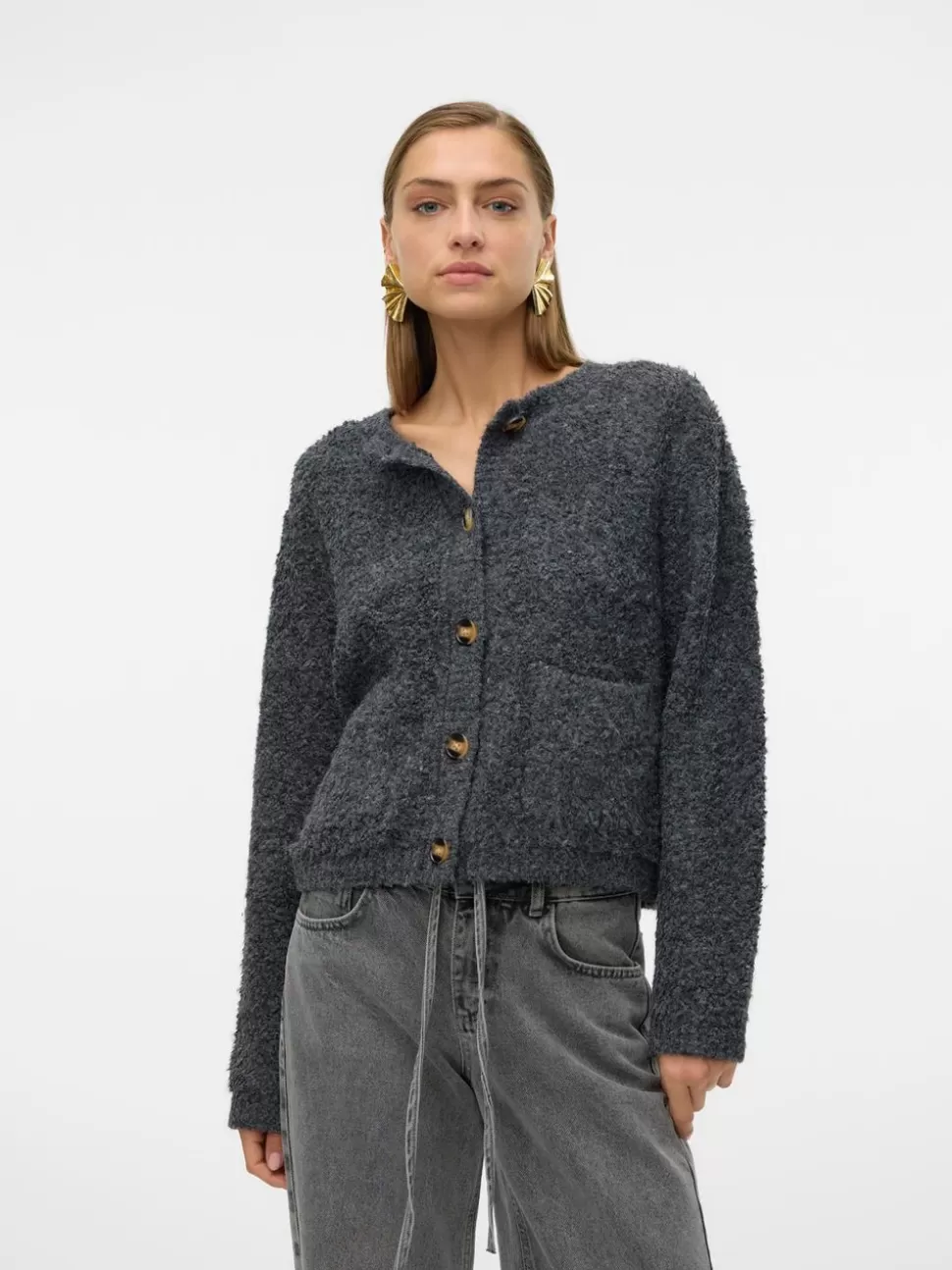 Stickat^VERO MODA VMNALANI Stickad Kofta Dark Grey Melange