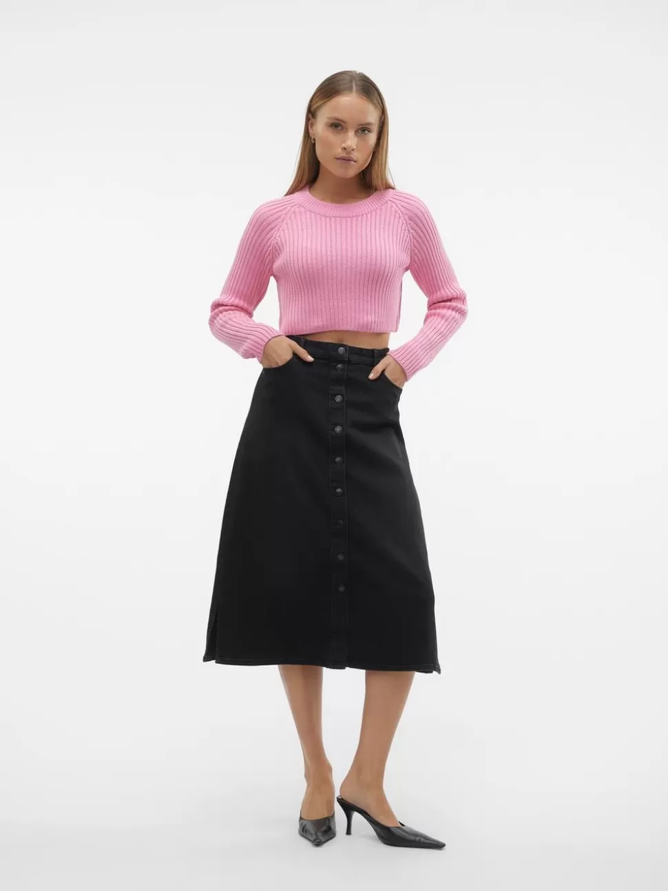Kjolar^VERO MODA VMNELLY Hög Midja Midikjol Black Denim