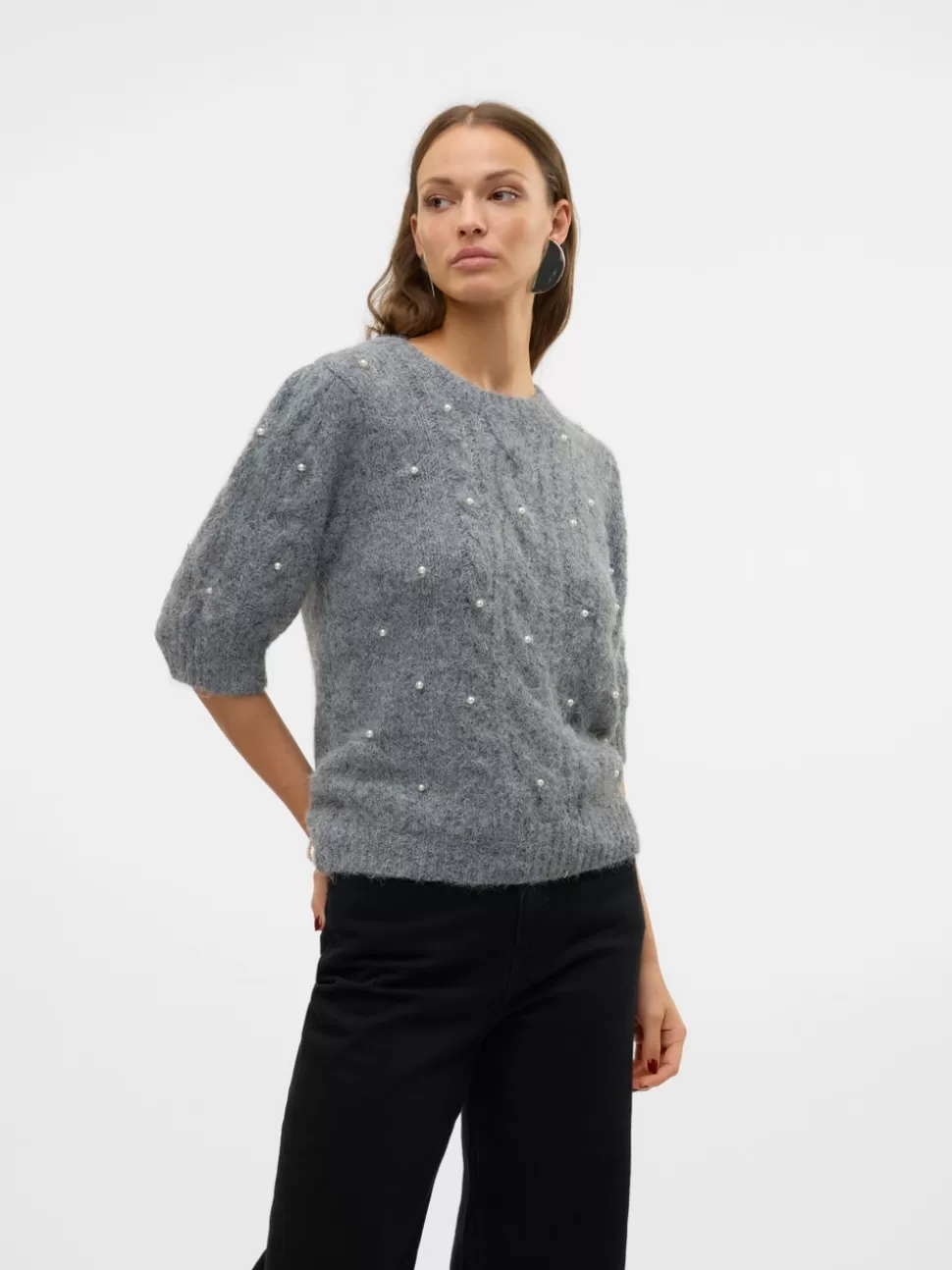 Stickat^VERO MODA VMNOVA Pullover Dark Grey Melange