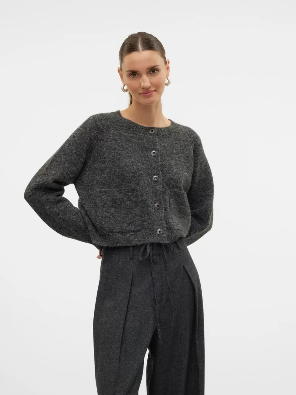 Stickat^VERO MODA VMOKANNI Stickad Kofta Dark Grey Melange