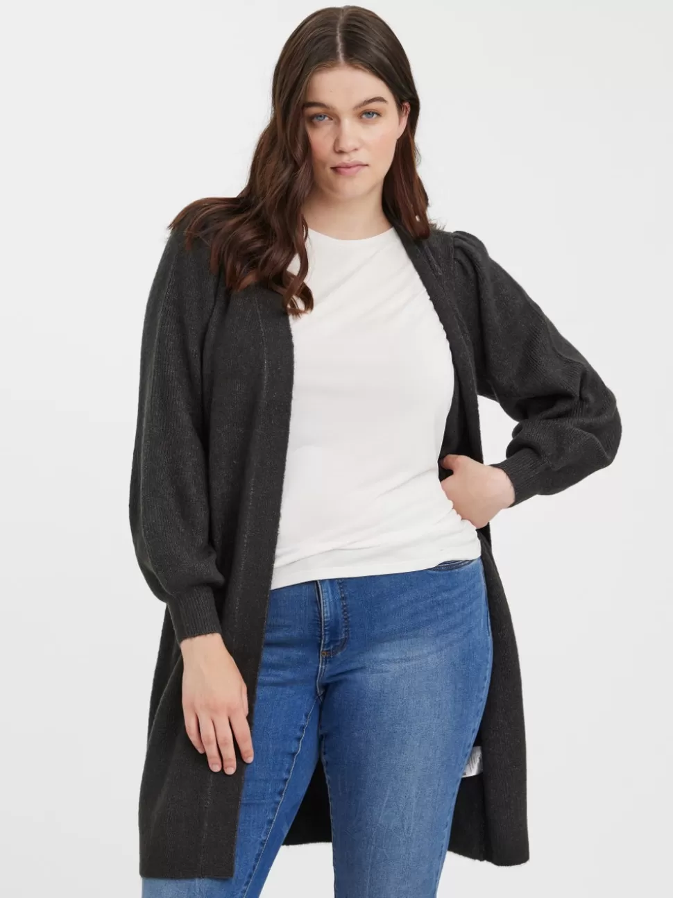 Stickat^VERO MODA VMRUBELLEFILE Stickad Kofta Dark Grey Melange