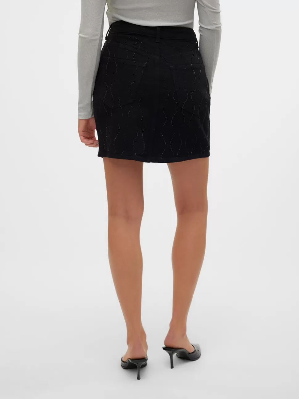 Kjolar^VERO MODA VMTESSA Hög Midja Kort Kjol Black Denim