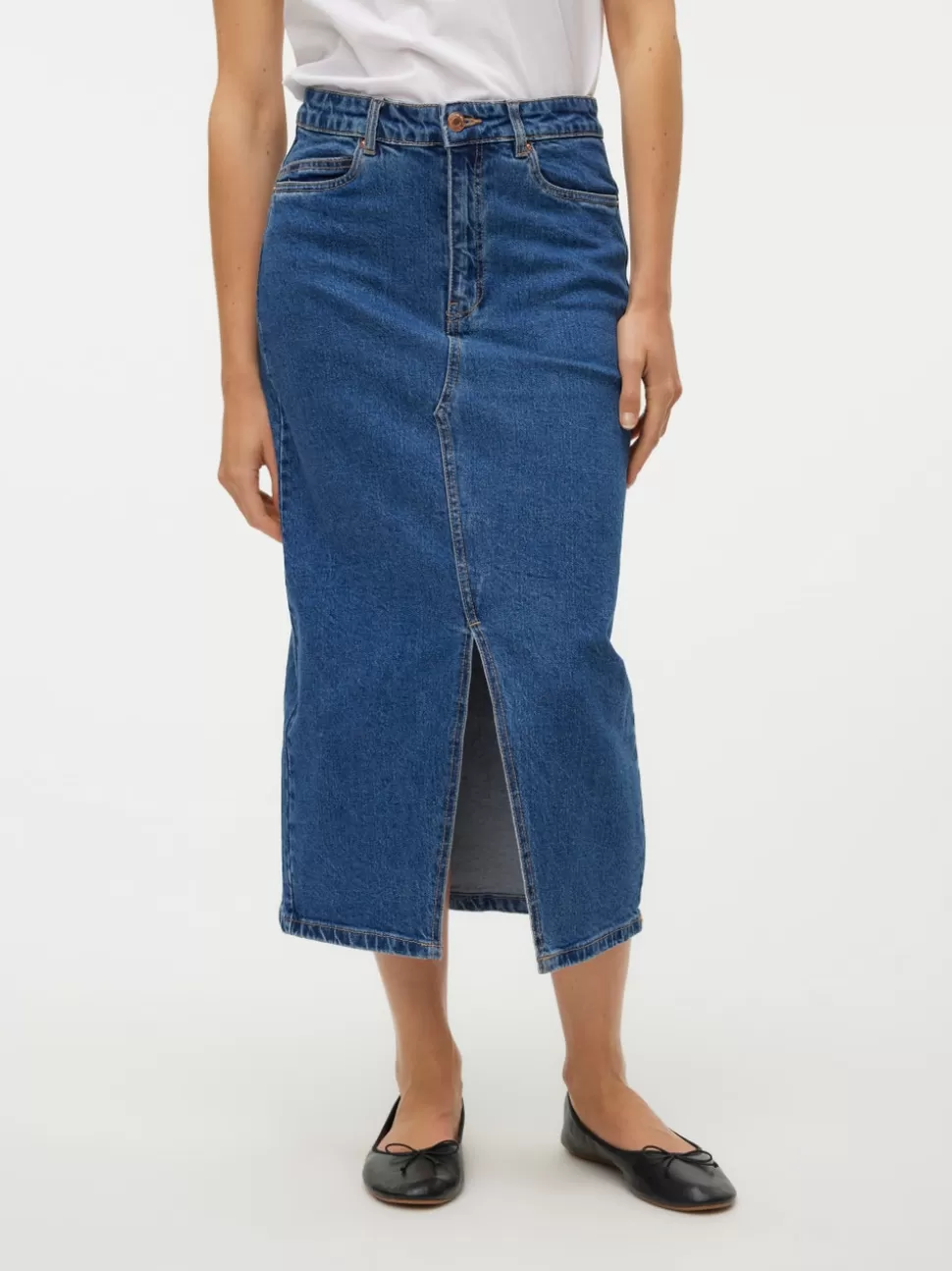 Kjolar | Basics^VERO MODA VMVERI Hög Midja Midikjol Medium Blue Denim