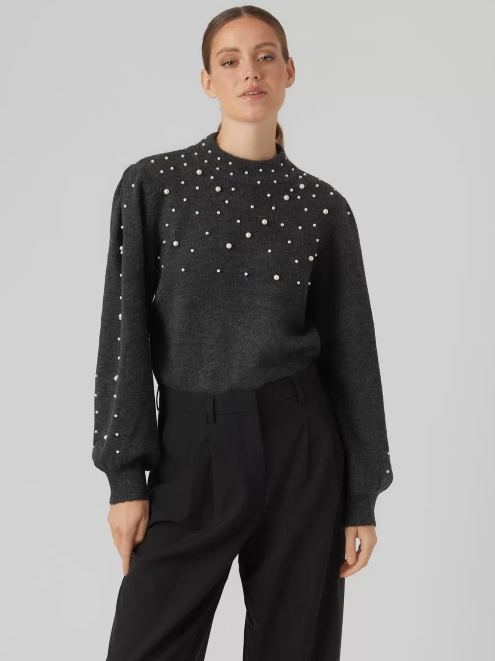 Stickat^VERO MODA VMVIENNA Pullover Dark Grey Melange