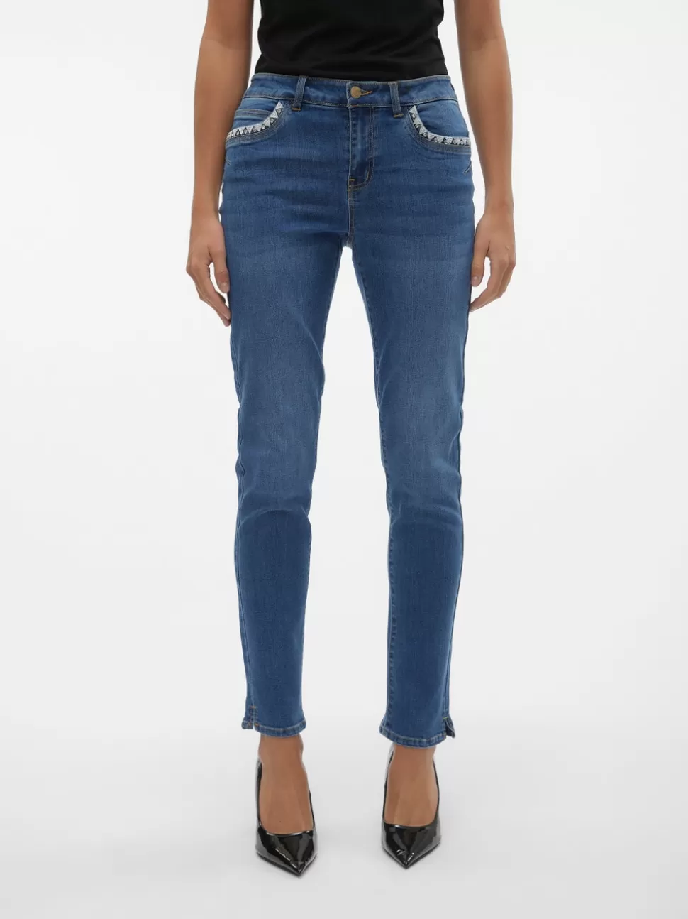 Jeans^VERO MODA VMYOURS Medelhög Midja Avsmalnande Passform Jeans Dark Blue Denim